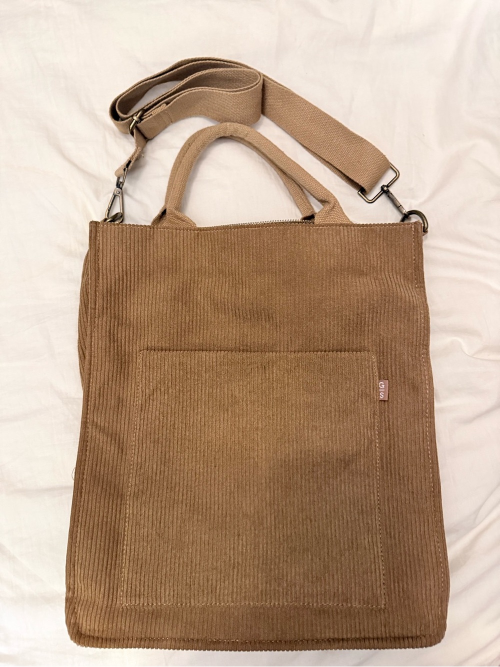 Corduroy Messenger Tote Bag in Tan